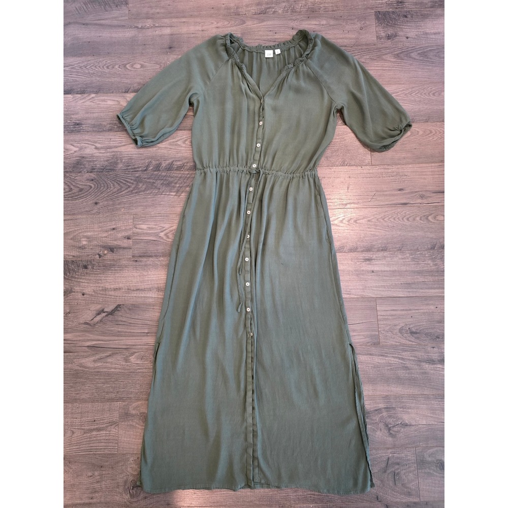 Women's szM GAP Olive Green Button Front Midi Dress Ruffle Neck Drawstring Waist